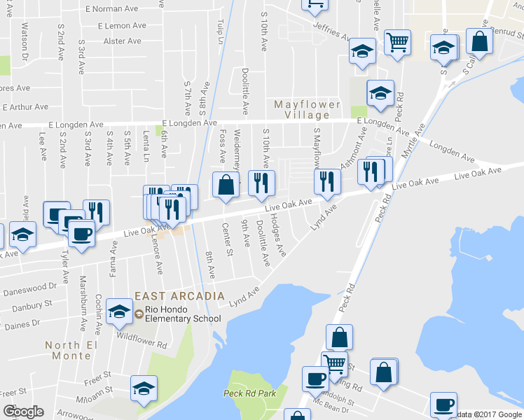 map of restaurants, bars, coffee shops, grocery stores, and more near 4171 E Live Oak Ave in Arcadia