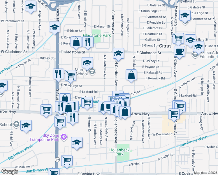 map of restaurants, bars, coffee shops, grocery stores, and more near 17914 East Newburgh Street in Azusa
