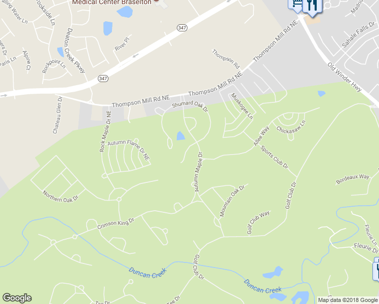 map of restaurants, bars, coffee shops, grocery stores, and more near 2515 Shumard Oak Drive in Braselton