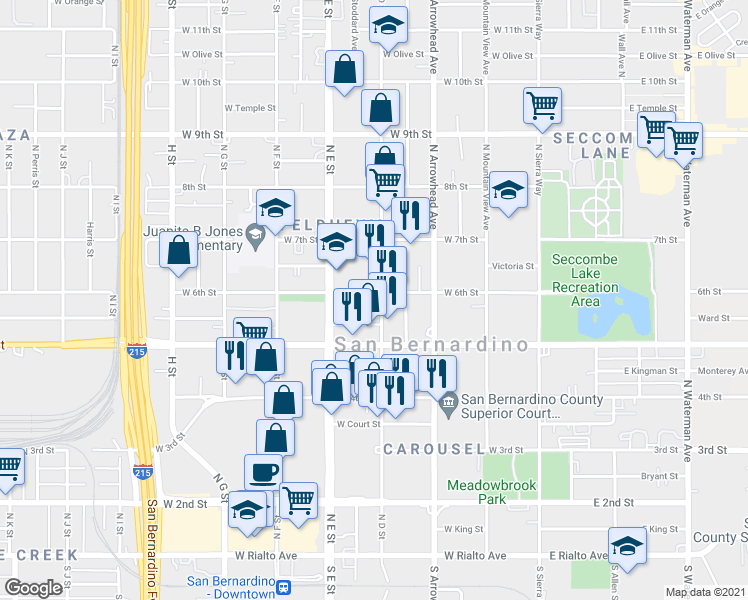 map of restaurants, bars, coffee shops, grocery stores, and more near 590 North D Street in San Bernardino
