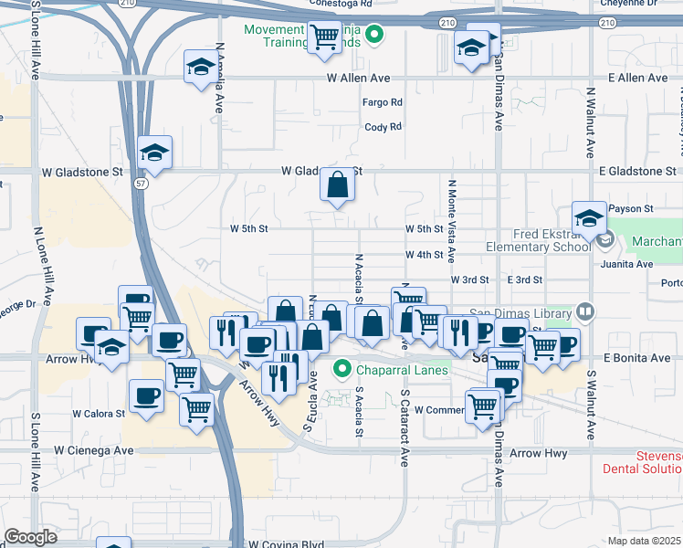 map of restaurants, bars, coffee shops, grocery stores, and more near 417 West 3rd Street in San Dimas