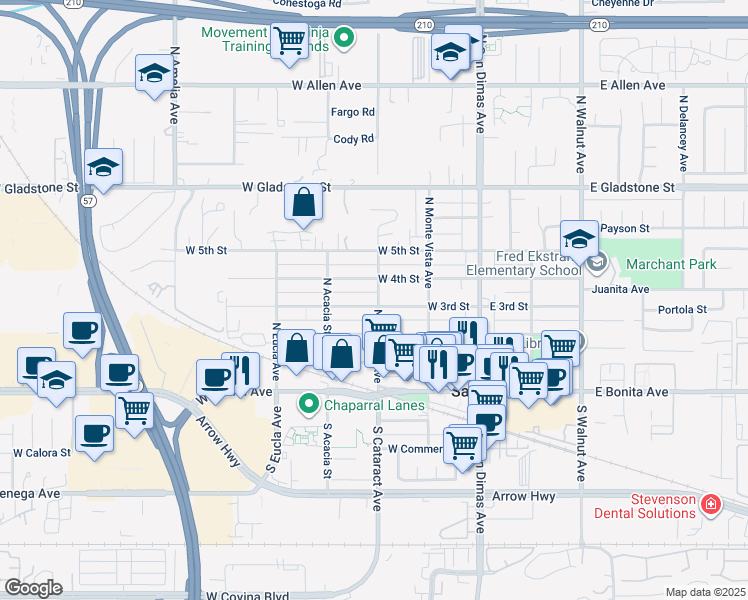 map of restaurants, bars, coffee shops, grocery stores, and more near 303 North Cataract Avenue in San Dimas