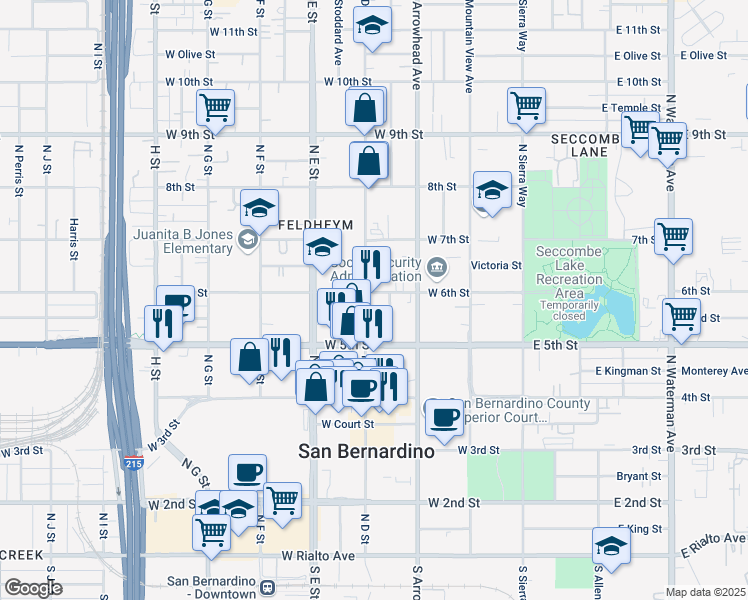 map of restaurants, bars, coffee shops, grocery stores, and more near 591 North D Street in San Bernardino