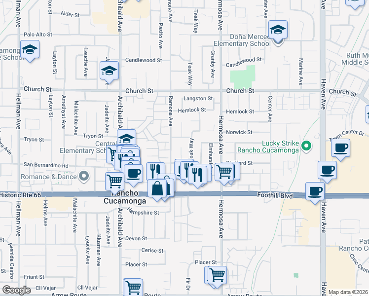 map of restaurants, bars, coffee shops, grocery stores, and more near 7921 Perlite Avenue in Rancho Cucamonga