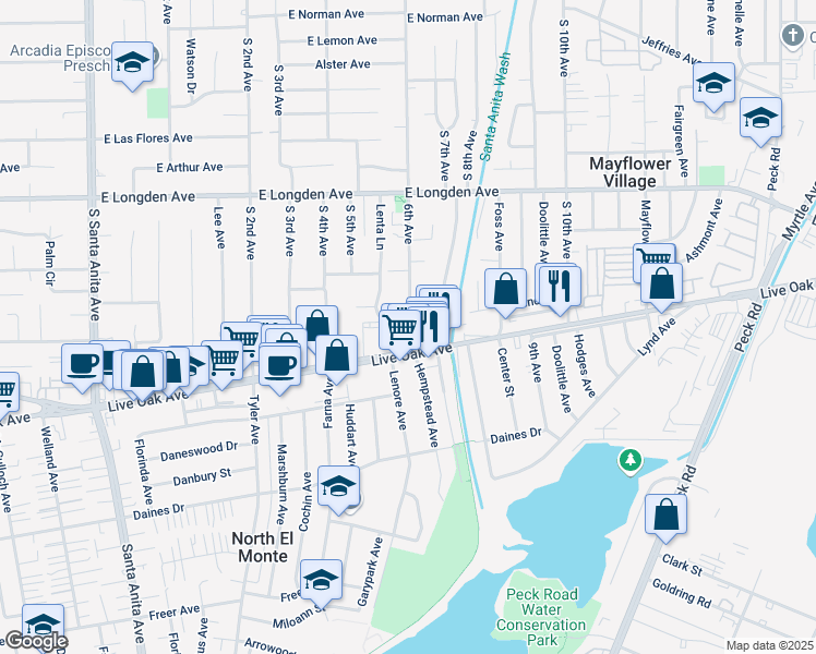 map of restaurants, bars, coffee shops, grocery stores, and more near 2515 6th Avenue in Arcadia