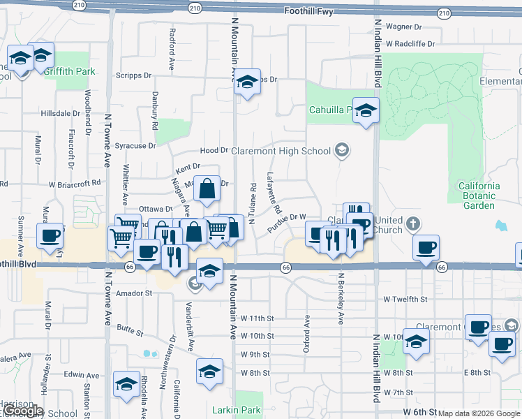 map of restaurants, bars, coffee shops, grocery stores, and more near 715 Wellesley Drive West in Claremont