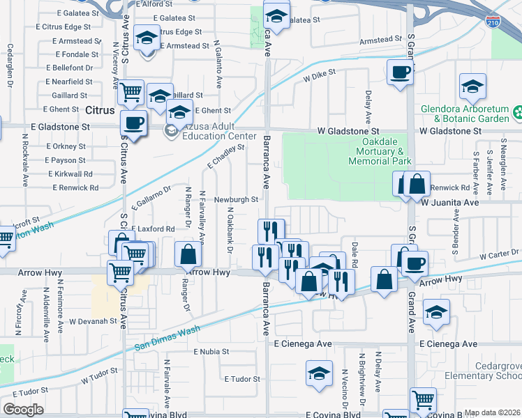 map of restaurants, bars, coffee shops, grocery stores, and more near 5349 Barranca Avenue in Covina