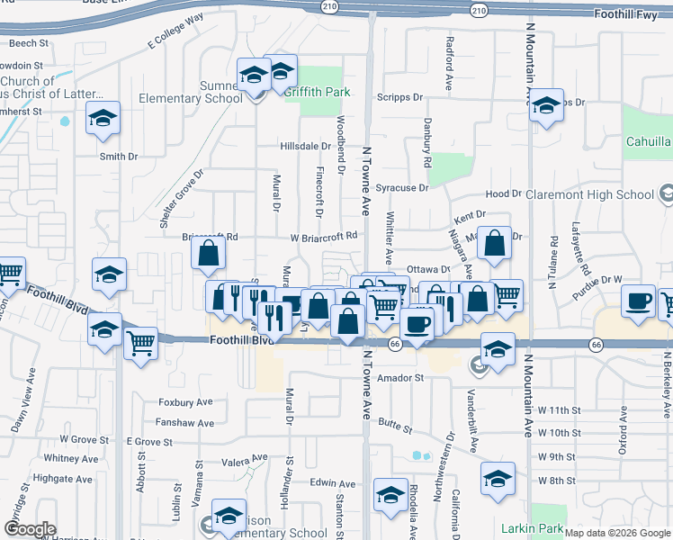 map of restaurants, bars, coffee shops, grocery stores, and more near 676 Parkwood Lane in Pomona