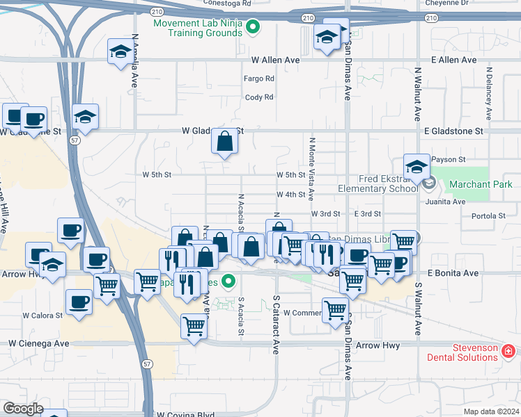 map of restaurants, bars, coffee shops, grocery stores, and more near 321 West 3rd Street in San Dimas