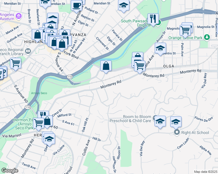 map of restaurants, bars, coffee shops, grocery stores, and more near 155 Monterey Road in South Pasadena