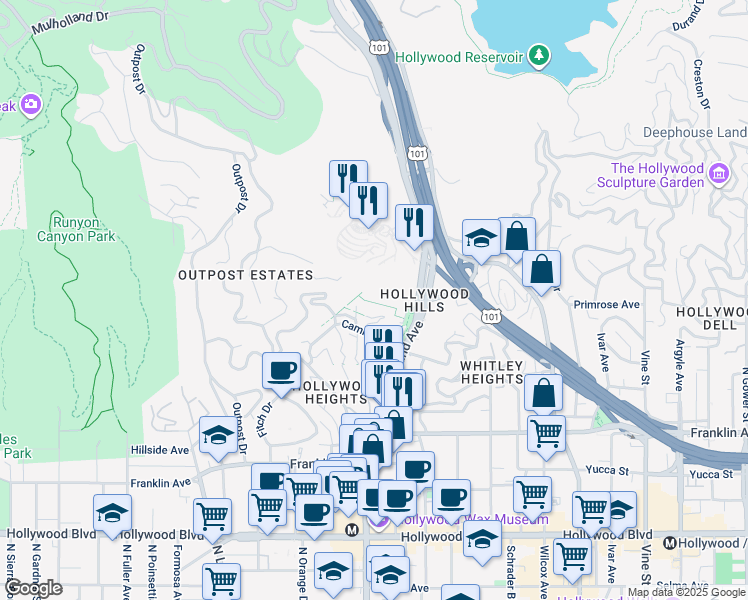 map of restaurants, bars, coffee shops, grocery stores, and more near 6881 Alta Loma Terrace in Los Angeles