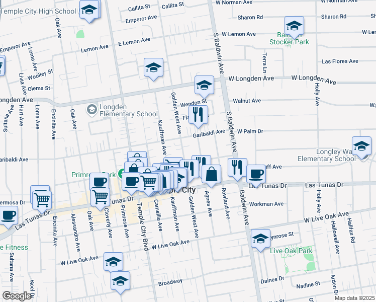 map of restaurants, bars, coffee shops, grocery stores, and more near 6029 Agnes Avenue in Temple City