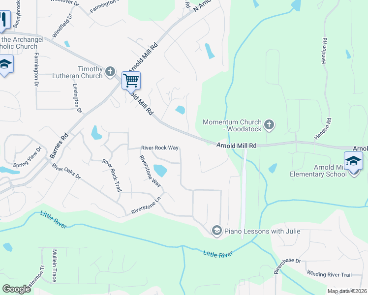 map of restaurants, bars, coffee shops, grocery stores, and more near 4029 River Rock Way in Woodstock