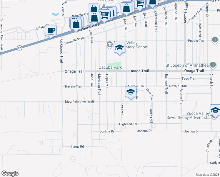 map of restaurants, bars, coffee shops, grocery stores, and more near 55621 Navajo Trail in Yucca Valley