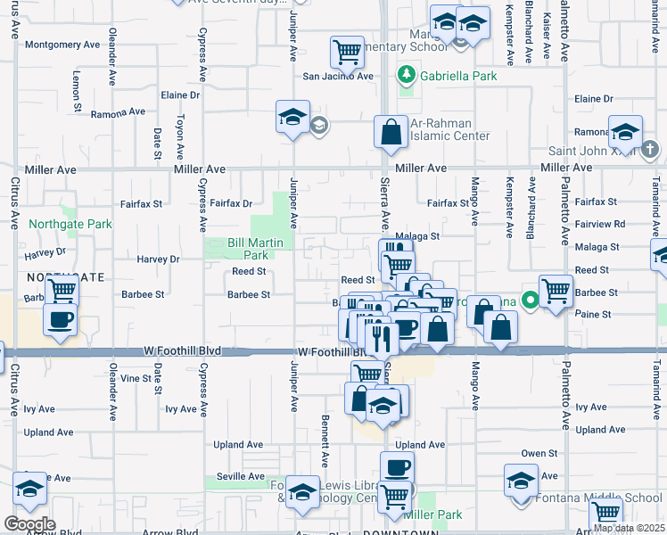 map of restaurants, bars, coffee shops, grocery stores, and more near 7912 Bennett Avenue in Fontana