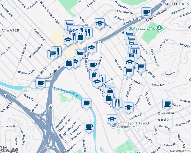 map of restaurants, bars, coffee shops, grocery stores, and more near 2717 North San Fernando Road in Los Angeles