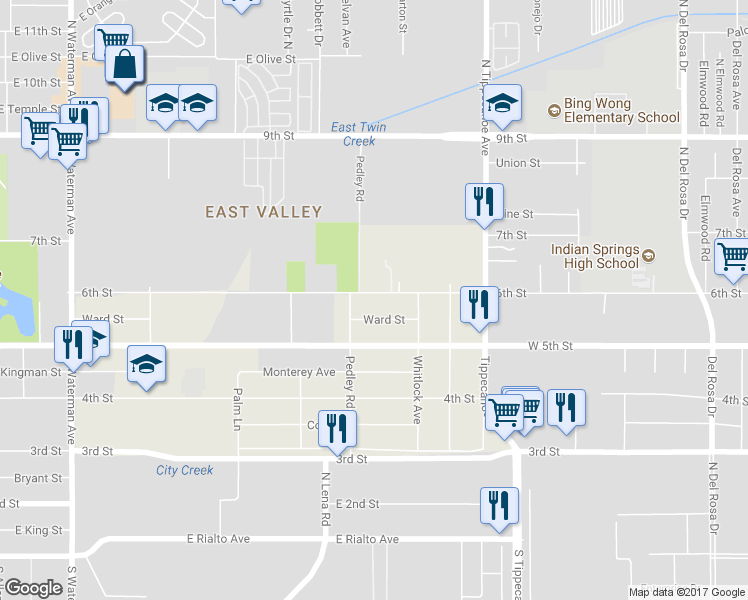 map of restaurants, bars, coffee shops, grocery stores, and more near 24681 6th Street in San Bernardino