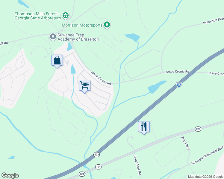 map of restaurants, bars, coffee shops, grocery stores, and more near 450 Franklin Street in Braselton
