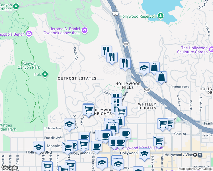 map of restaurants, bars, coffee shops, grocery stores, and more near 2175 Broadview Terrace in Los Angeles