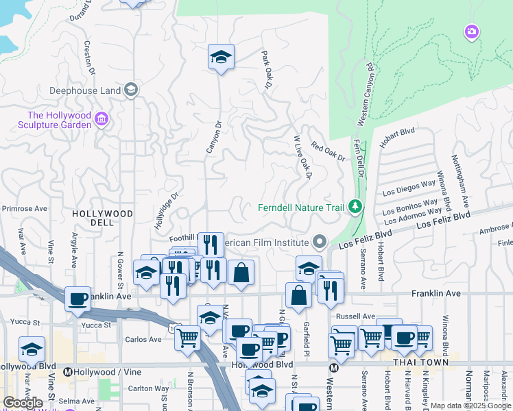 map of restaurants, bars, coffee shops, grocery stores, and more near 5700 Holly Oak Drive in Los Angeles