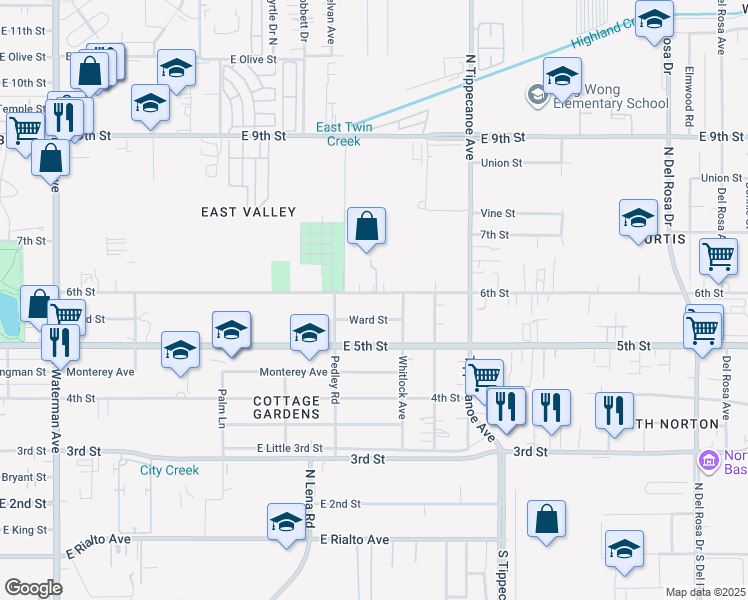 map of restaurants, bars, coffee shops, grocery stores, and more near 24681 6th Street in San Bernardino