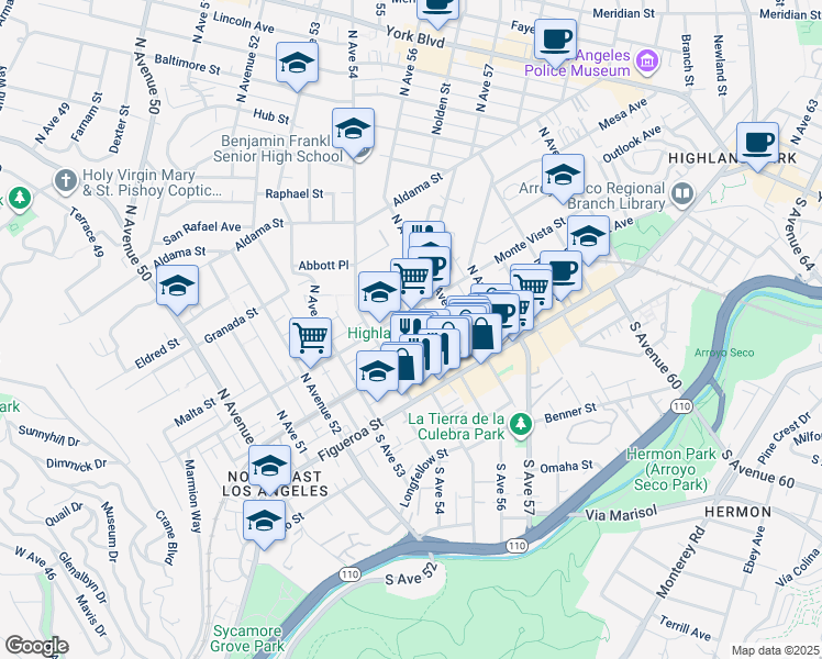 map of restaurants, bars, coffee shops, grocery stores, and more near 224 North Avenue 55 in Los Angeles
