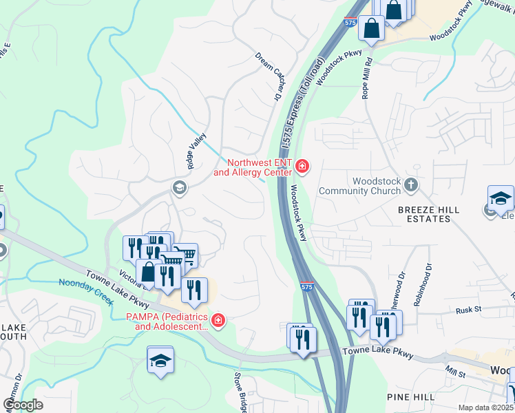 map of restaurants, bars, coffee shops, grocery stores, and more near 103 Bear Cave Trail in Woodstock