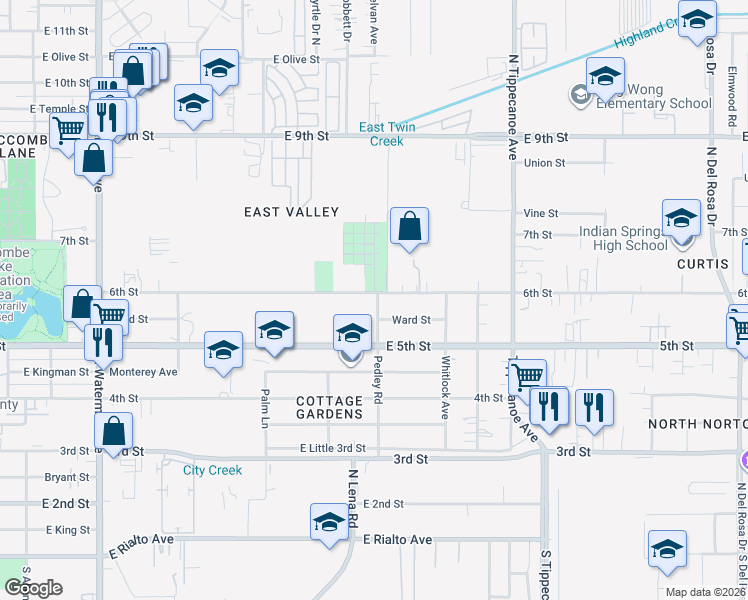 map of restaurants, bars, coffee shops, grocery stores, and more near 7914 Pedley Road in San Bernardino