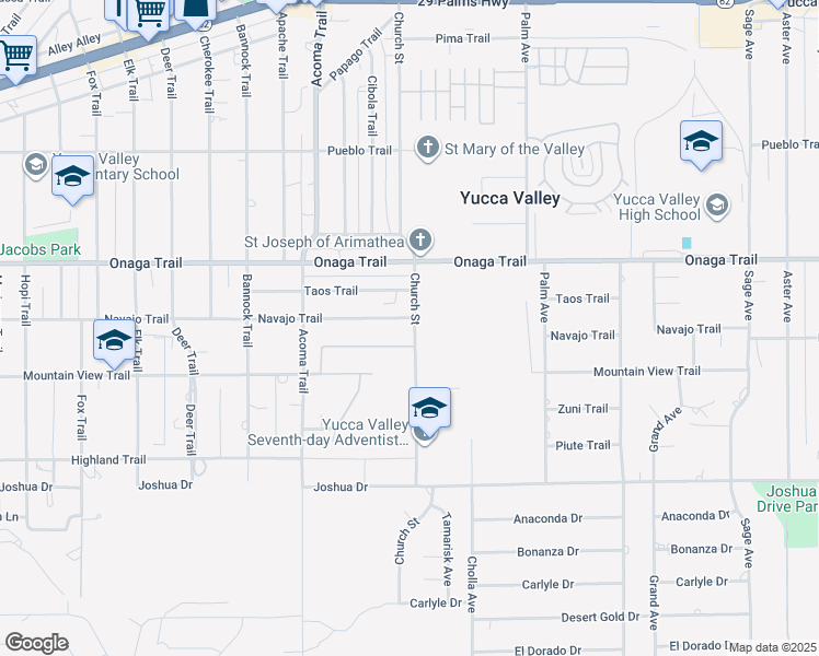 map of restaurants, bars, coffee shops, grocery stores, and more near 56287 Navajo Trail in Yucca Valley