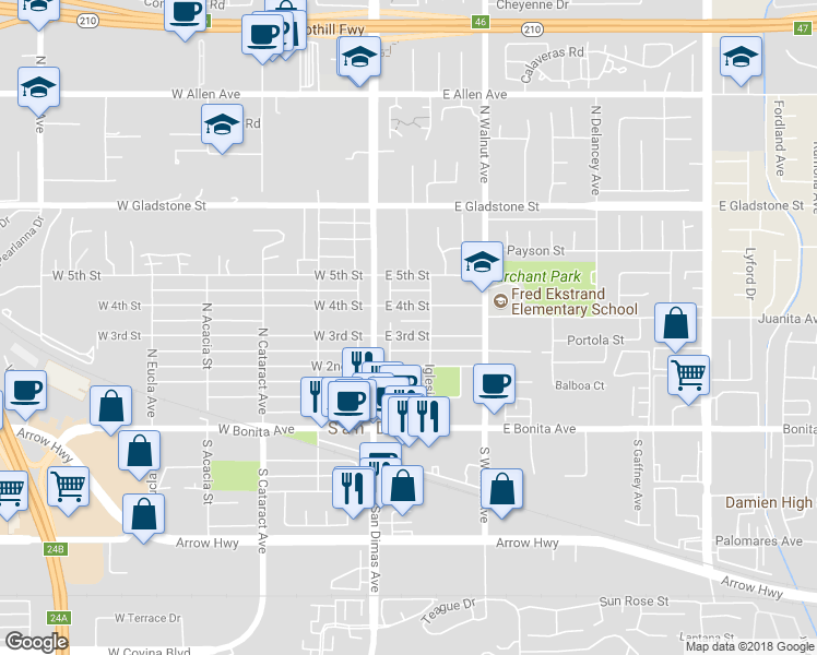map of restaurants, bars, coffee shops, grocery stores, and more near West 3rd Street in San Dimas