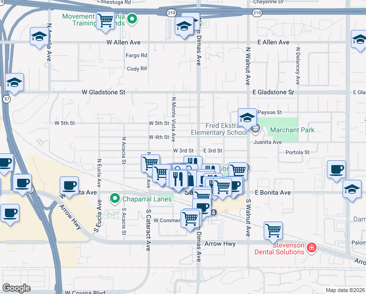 map of restaurants, bars, coffee shops, grocery stores, and more near 129 W 3rd St in San Dimas