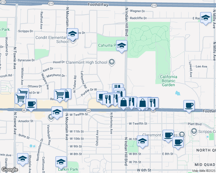 map of restaurants, bars, coffee shops, grocery stores, and more near 1451 Pueblo Court in Claremont
