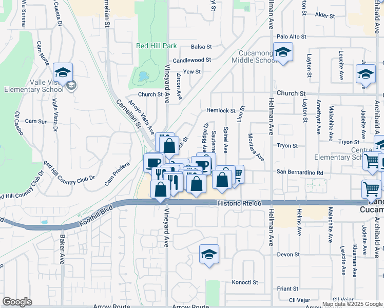 map of restaurants, bars, coffee shops, grocery stores, and more near 7945 Summerlin Pl in Rancho Cucamonga