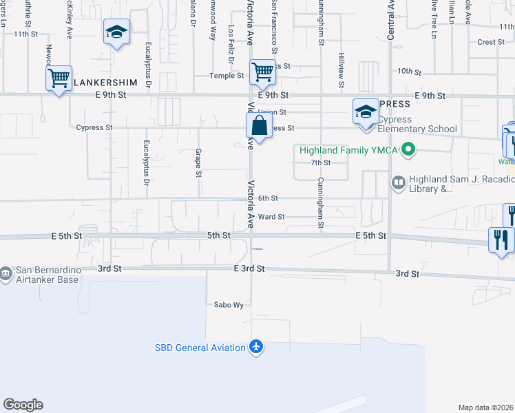 map of restaurants, bars, coffee shops, grocery stores, and more near 7923 Victoria Avenue in Highland