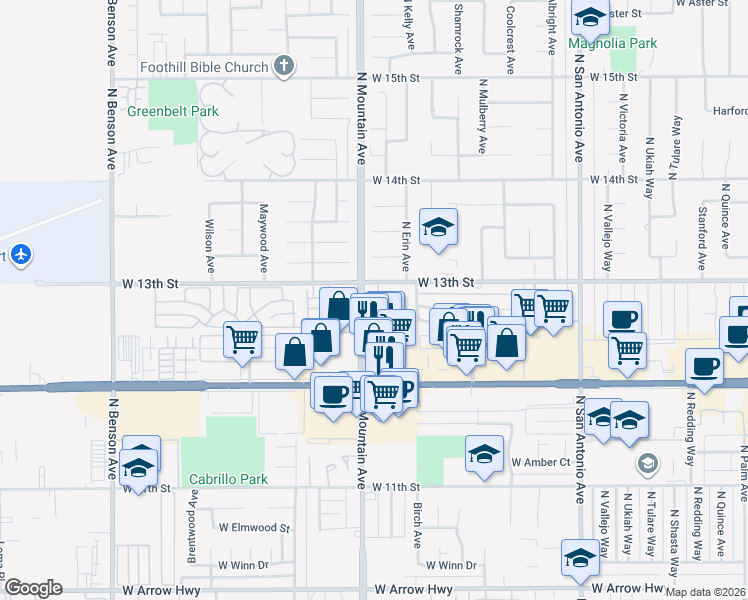 map of restaurants, bars, coffee shops, grocery stores, and more near 1146 Mountain Gate Road in Upland