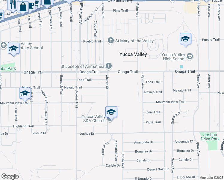 map of restaurants, bars, coffee shops, grocery stores, and more near Church Street in Yucca Valley