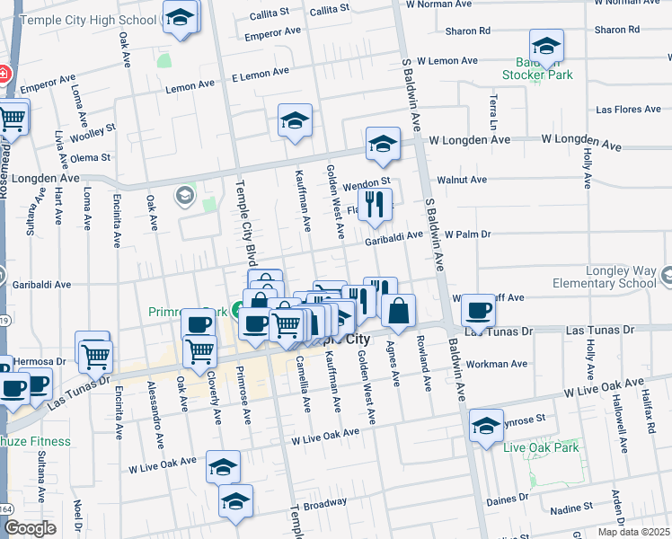 map of restaurants, bars, coffee shops, grocery stores, and more near 6033 Golden West Avenue in Temple City