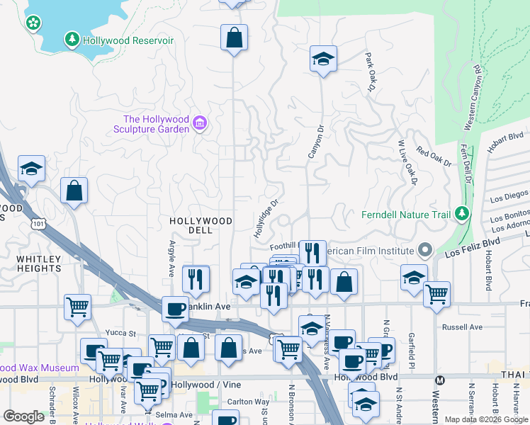 map of restaurants, bars, coffee shops, grocery stores, and more near 2309 Hollyridge Drive in Los Angeles