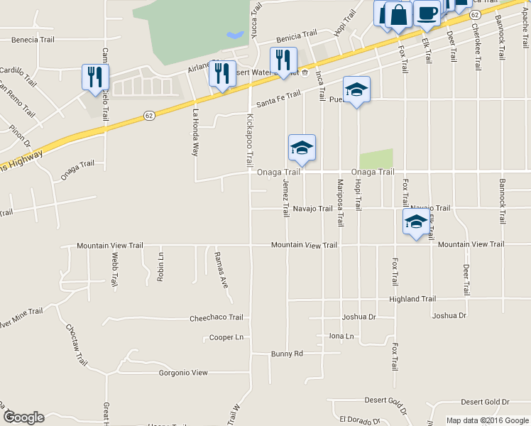 map of restaurants, bars, coffee shops, grocery stores, and more near 55343 Navajo Trail in Yucca Valley