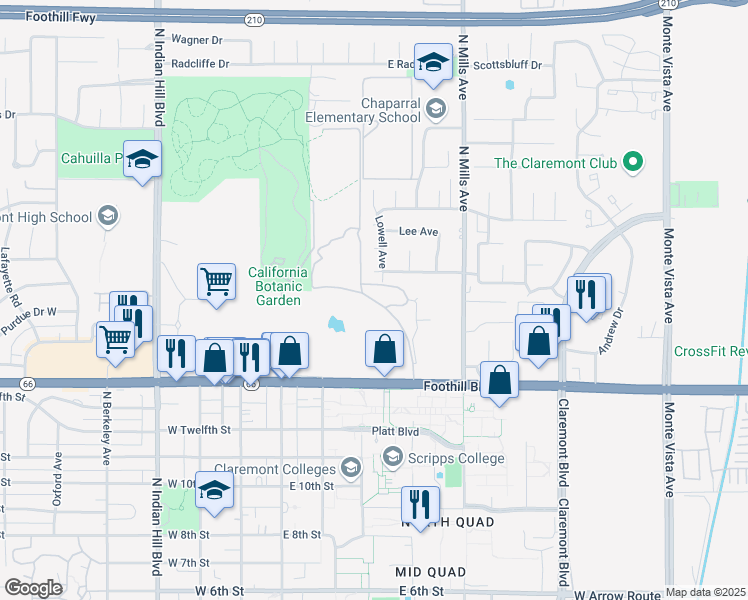 map of restaurants, bars, coffee shops, grocery stores, and more near 1800 North Amherst Avenue in Claremont