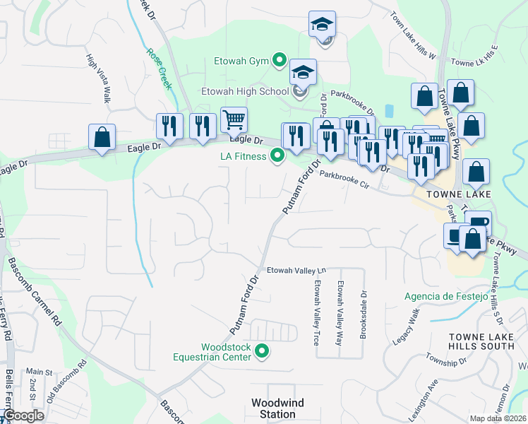 map of restaurants, bars, coffee shops, grocery stores, and more near 227 Cardinal ln in Woodstock