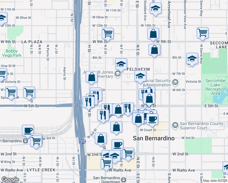 map of restaurants, bars, coffee shops, grocery stores, and more near 649 West 6th Street in San Bernardino