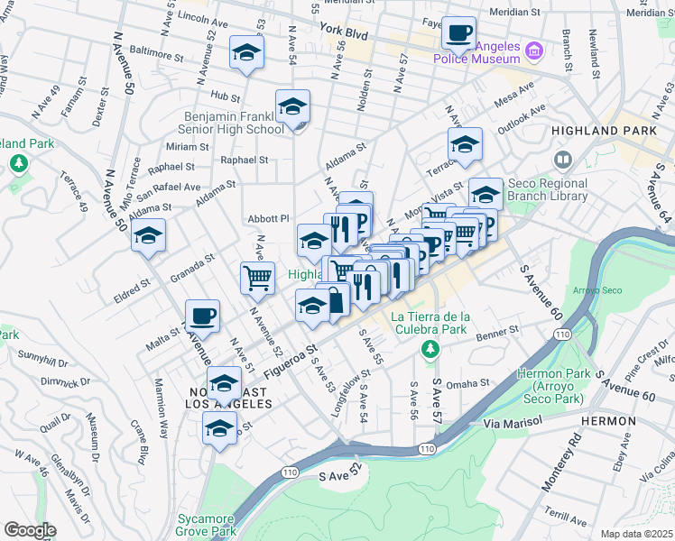 map of restaurants, bars, coffee shops, grocery stores, and more near 226 North Avenue 55 in Los Angeles