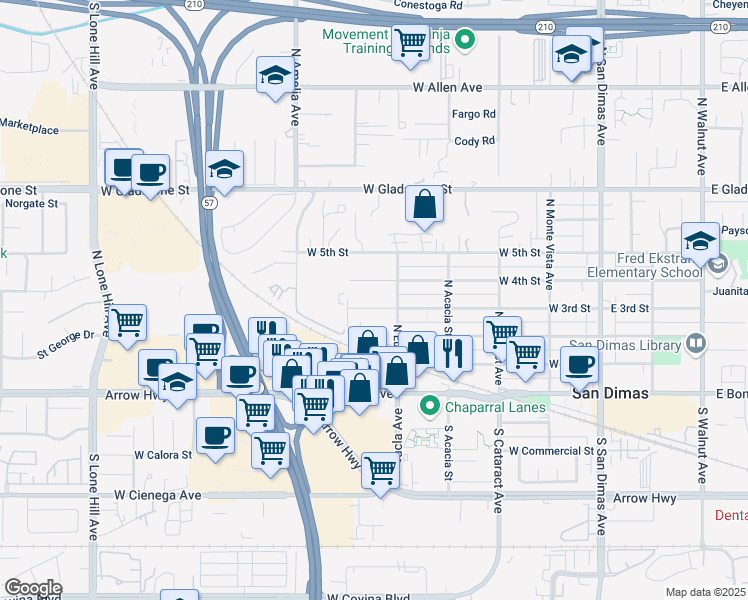 map of restaurants, bars, coffee shops, grocery stores, and more near 521 West 3rd Street in San Dimas