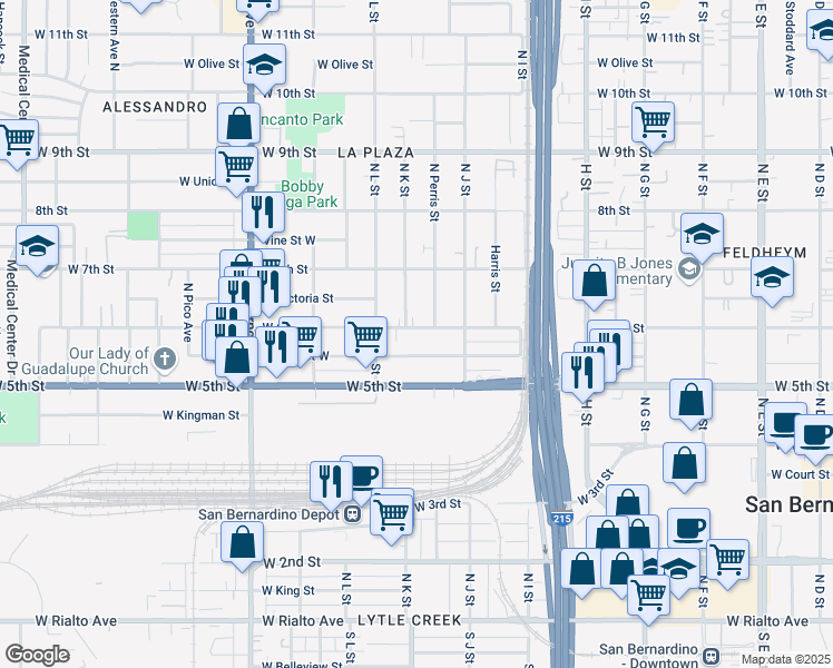 map of restaurants, bars, coffee shops, grocery stores, and more near 1053 West 6th Street in San Bernardino