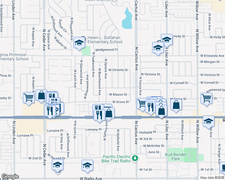 map of restaurants, bars, coffee shops, grocery stores, and more near 855 West Rosewood Street in Rialto