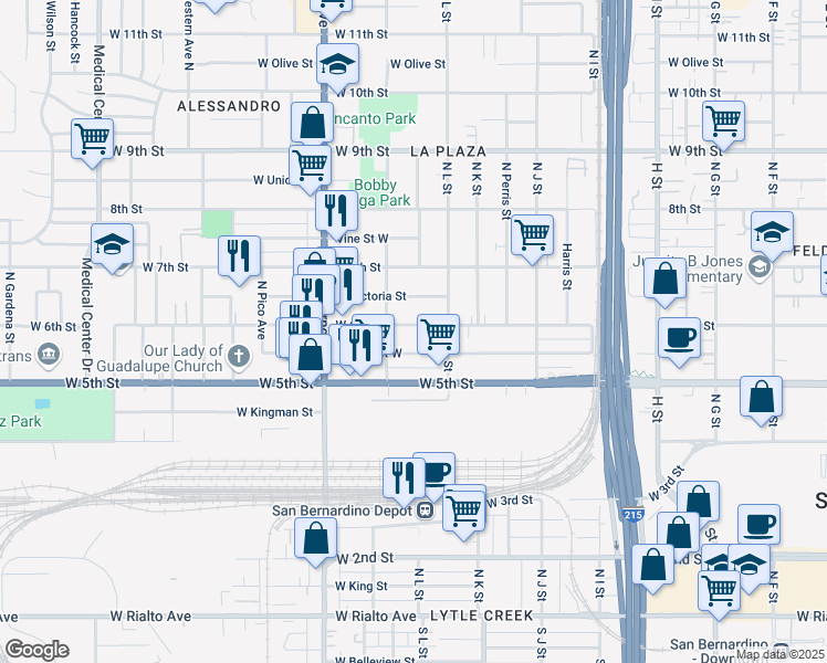 map of restaurants, bars, coffee shops, grocery stores, and more near 1143 West 6th Street in San Bernardino
