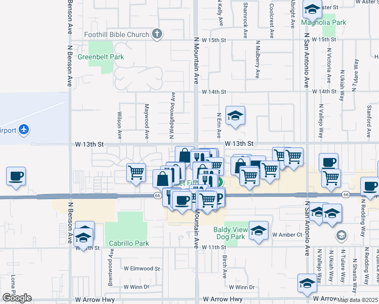 map of restaurants, bars, coffee shops, grocery stores, and more near 1218 Crestwood Drive in Upland