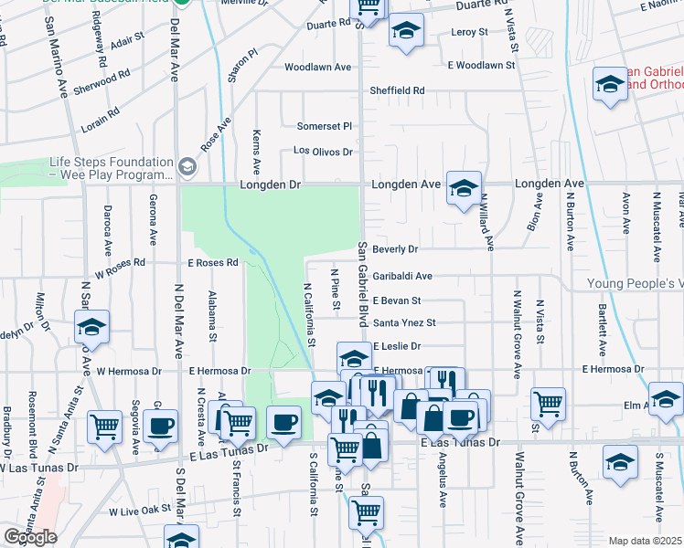 map of restaurants, bars, coffee shops, grocery stores, and more near 448 North Pine Street in San Gabriel