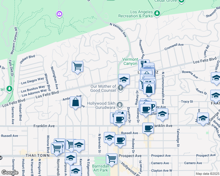 map of restaurants, bars, coffee shops, grocery stores, and more near 4737 Ambrose Ave in Los Angeles